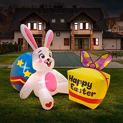 6FT Easter Inflatable Decoration Bunny w/ Egg & Candy Bo w/, Build-in LED Lights