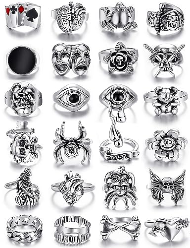 Vintage Silver  Set Gothic  Pack, Chunky Stackable Knuckle Bulk, Weeping Skull Spider Frog Butterfly Grunge