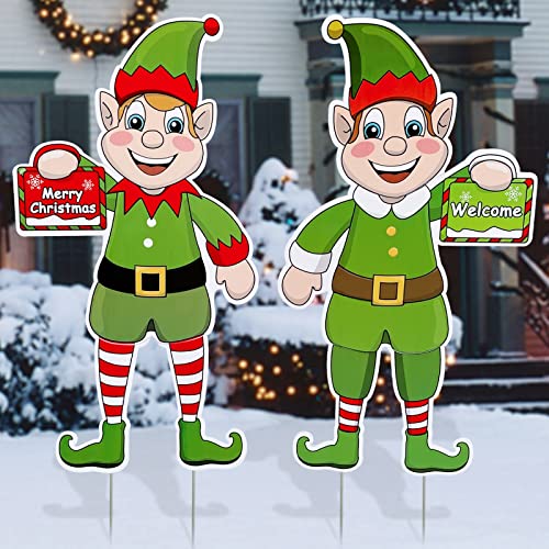 [ Extra Large ] 2 Pack Elf Christmas Yard Signs with Stakes