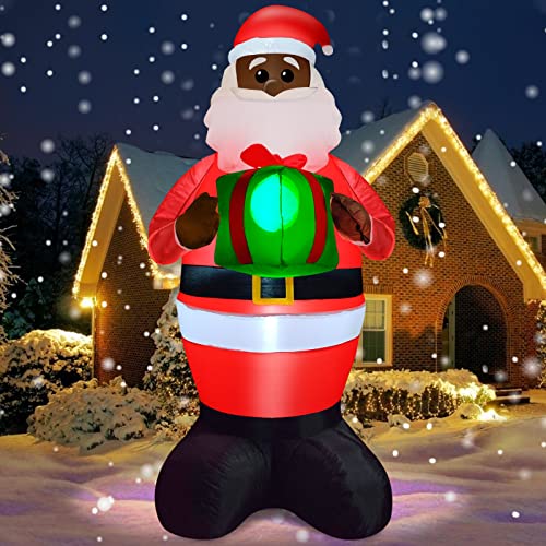 6Ft Tall Christmas  Inflatables Black Santa Claus Hold Gift Box w/ LED Lights