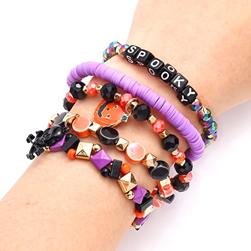 Halloween Beaded Bracelets Pumpkin Spider Ghost Charms Bracelets BOO Stretch Bracelets Holiday Set