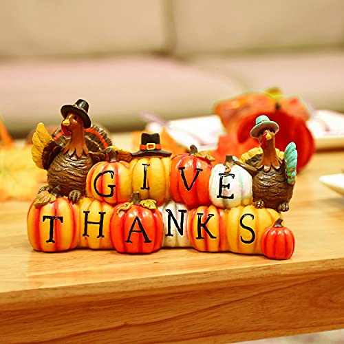 Thanksgiving Hand-Painted Give Thanks Pumpkin & Turkey, Resin Figurine Turkey Harvest Decorations