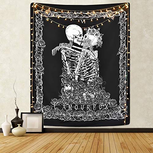 Skull Tapestry Meditation Skeleton , Chakra, Starry Black and White Stars