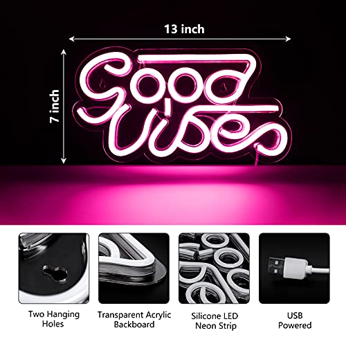 Good Vibes Neon Sign for Wall Decor, Reusable, Powered by USB (White, Pink, Blue)