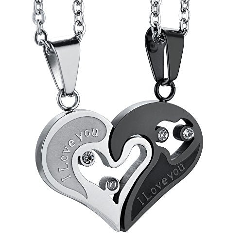 Stainless Steel Couple Necklace Pendant Love Heart CZ Puzzle Matching