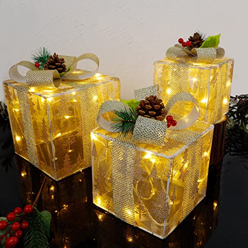 Twinkle Star Set of 3 Christmas Lighted Pop Up Gift Boxes Decorations, Tinsel Present Box, Pre-lit 60 LED Light