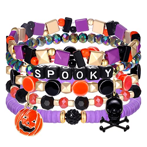 Halloween Beaded Bracelets Pumpkin Spider Ghost Charms Bracelets BOO Stretch Bracelets Holiday Set