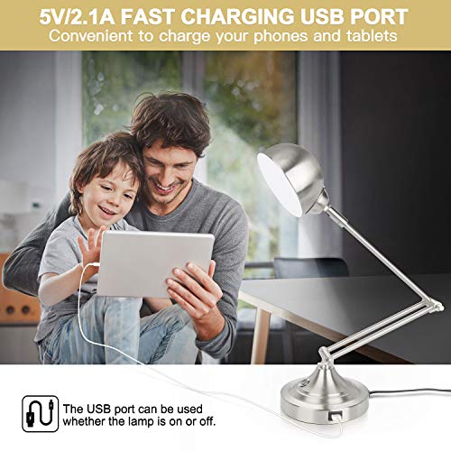 LED Desk Lamp w/ USB Charging Port, Swing Arm, Fully Dimmable, Eye-Caring