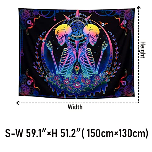 Blacklight Tapestry UV Reactive Skelton Wall Psychedelic Celestial Colorful Flower