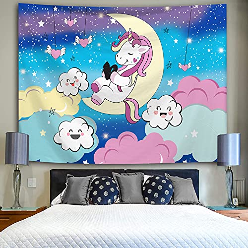 Cartoon Pink Unicorn Tapestry for Girls Bedroom Decoration (51.2"H x 59.1"W)