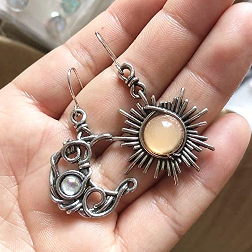 Retro Sun Moon Earrings Moonstone Asymmetric Boho style Earrings for Women Jewelry