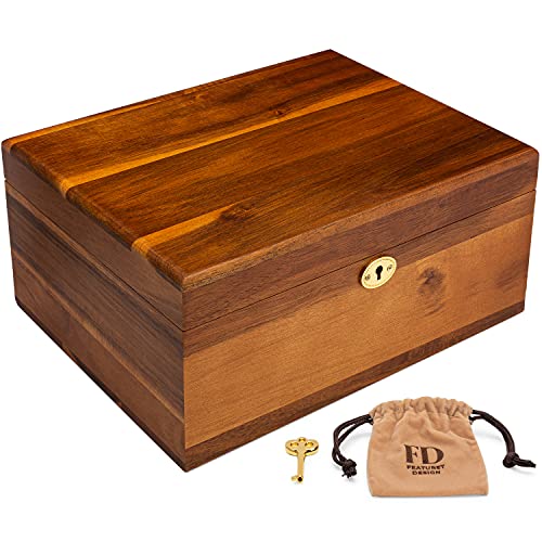 Large Premium Acaca Wooden Storage Box w/ Hinged Lid & Locking Key 11 X 8.5 X 5 Inches