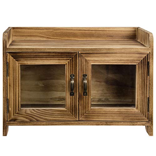 Rustic Dark Brown Wood Kitchen/Bathroom Counter Top Storage Cabinet w/ Glass Windows