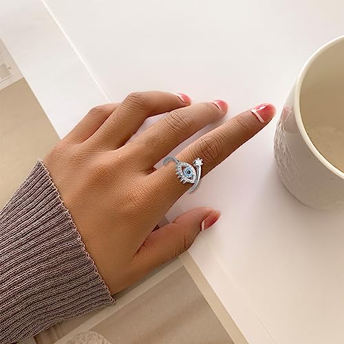 Silver Evil Eye Ring Dainty Open Adjustable Rings or Women Energy Protection Ring (silver-evil eye)