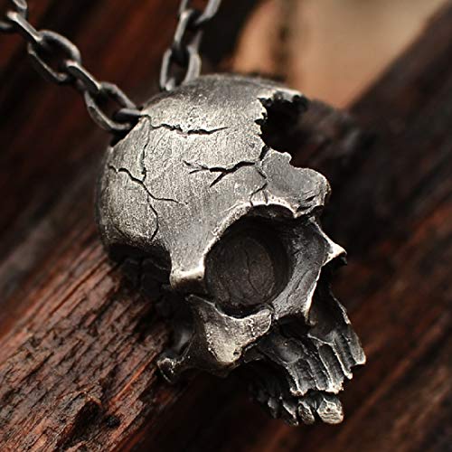 Broken Damaged Half Face Skull Pendant Necklace w/ Chain (Silver)