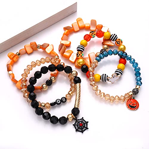 Halloween Beaded Bracelets Pumpkin Spider Ghost Charms Bracelets BOO Stretch Bracelets Holiday Set