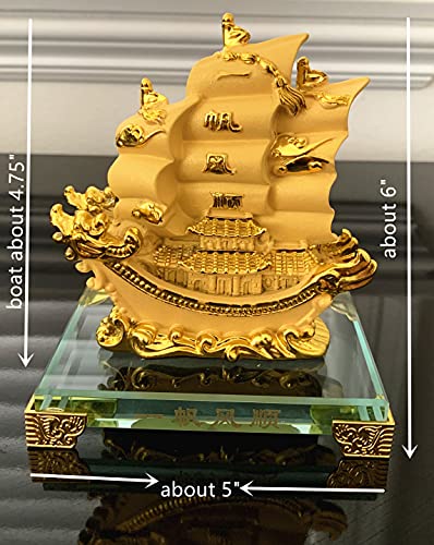 Feng Shui Gold Dragon Sailing Ship Statue Decor for Success and Fortune