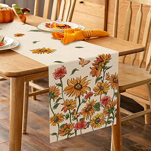 Fall Sunflower Table Runner, Autumn Floral Flower Butterfly Farmhouse Kitchen Dining Table Decor,