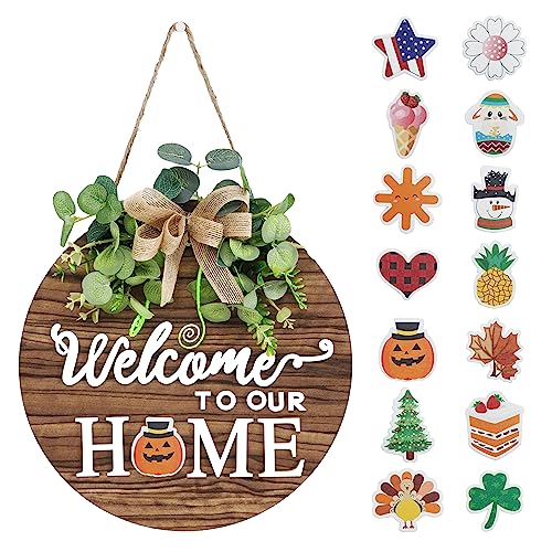 Interchangeable Seasonal Welcome Sign Front Door Decoration, Rustic Round Wood Wreaths Wall Hanging