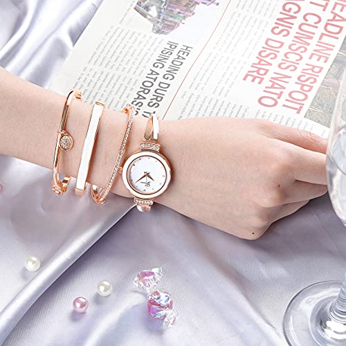 Elegant Rose Gold/Silver Watch & 3 Bracelets Set for Women