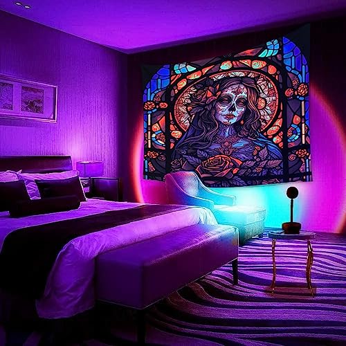 Blacklight Tapestry Sugar Skull  Halloween  UV Reactive Trippy Neon Tapestries Glow in the Dark Party Backdrop,