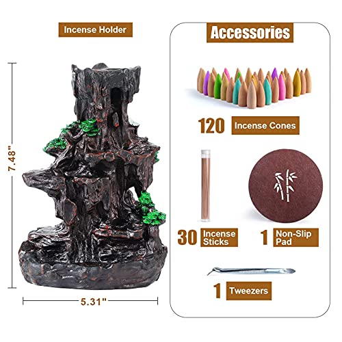 Backflow Incense Holder Waterfall 2 Sides, w/ 120 Backflow Incense Cones & 30 Incense Sticks