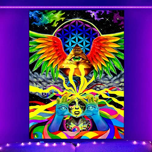 All-seeing eye fluorescent tapestry, omniscient eye, aurora color timberwolf blacklight tapestry,