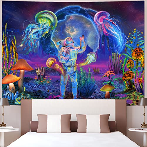 Extra Large Blacklight Astronaut Jellyfish Tapestry