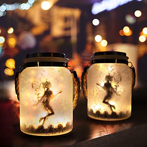 Solar Lantern Fairy Lights White Frosted Glass Hanging Jar 20 Warm White Mini LED String Lights (Fairy)