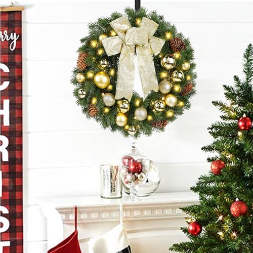 Christmas Wreath with Metal Hanger, Pre-lit Xmas Wreath with Large Golden Bow & Balls, 8 Modes & Timer,