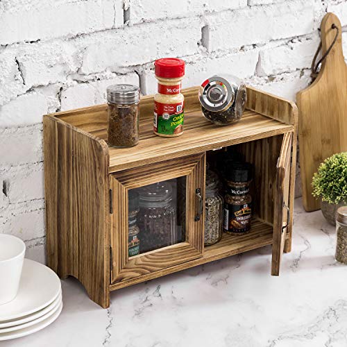 Rustic Dark Brown Wood Kitchen/Bathroom Counter Top Storage Cabinet w/ Glass Windows