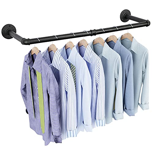 Industrial Pipe Clothes Rack 38.4", Heavy Duty Detachable Wall Mounted Black Iron Garment Bar (Two Base)