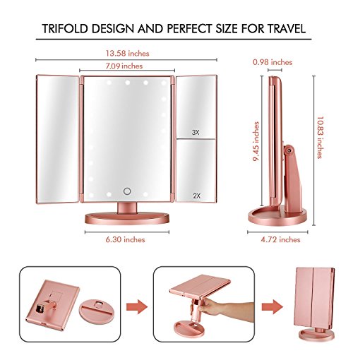 Tri-fold Lighted Vanity Makeup Mirror w/ 3x/2x Magnification, Touch Screen &180 Degree Free Rotation