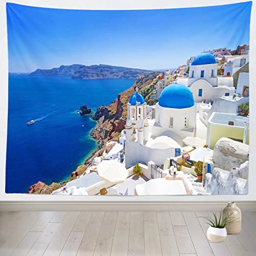 Greece Cityscape Tapestry White Architecture of Oia Village on Santorini Island Wall Decoration