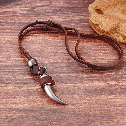 5 Pcs Leather Tribal Wolf Tooth Feather Pendant Sweater Chain Statement Necklace for Men Women