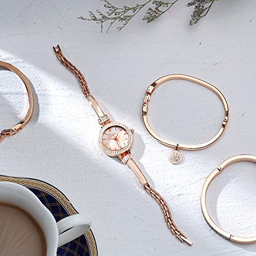 Elegant Rose Gold/Silver Watch & 3 Bracelets Set for Women