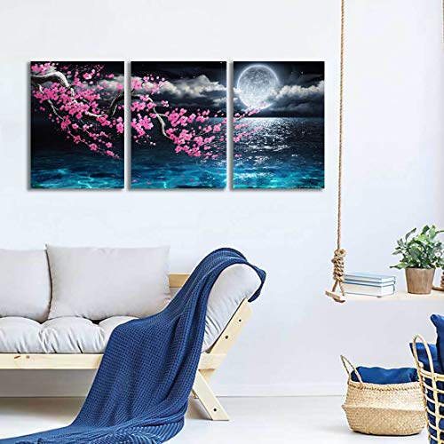 Framed 3 Pieces Plum Blossom Moon Ocean Wall Canvas Art  Size 12x16 Each Panel