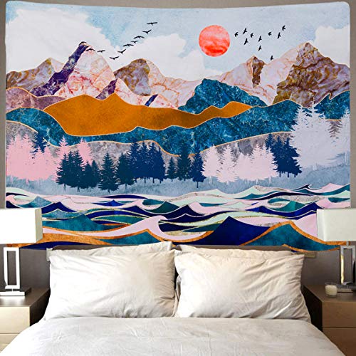 Mountain & Sunset Tapestry Forest Trees Wave Art Tapestry Nature Landscape Home Decoration