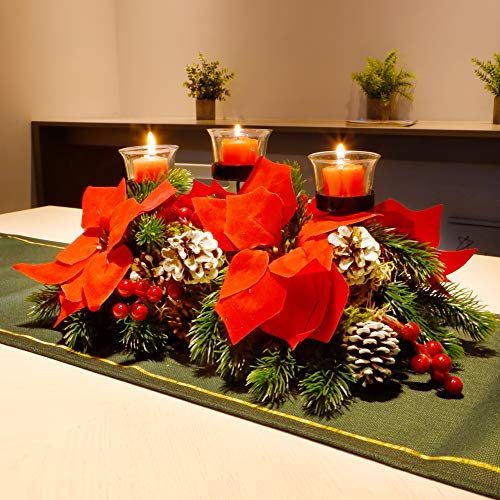 Christmas Poinsettia Centerpiece w/ 3 Candle Holders