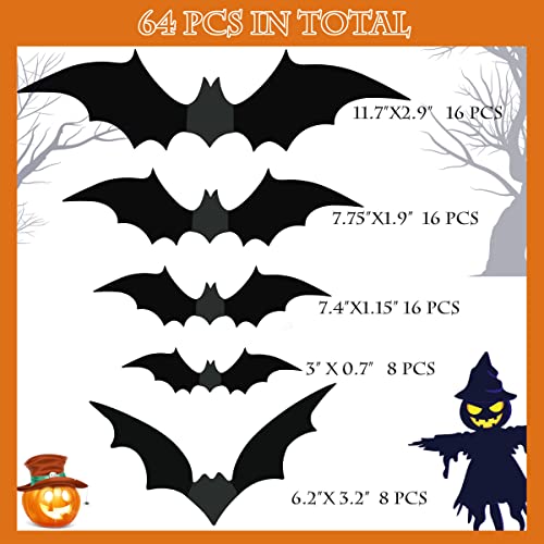 Bat wall Decorations  Supplies, 64 Pcs Reusable PVC 3D Black Bats Stickers for Creepy