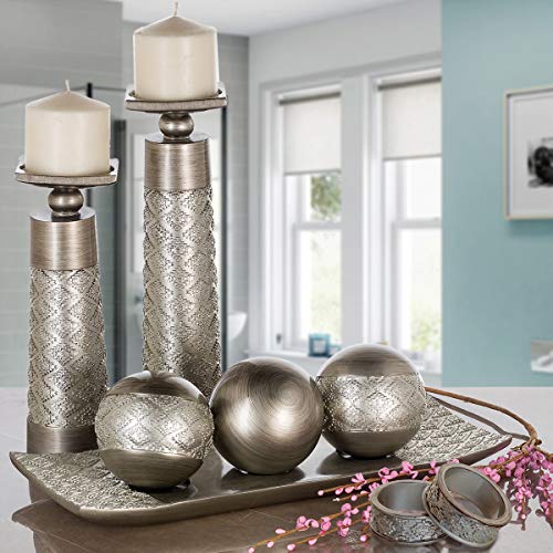 Decorative Tray and Orbs Balls Set - (Brushed Silver)