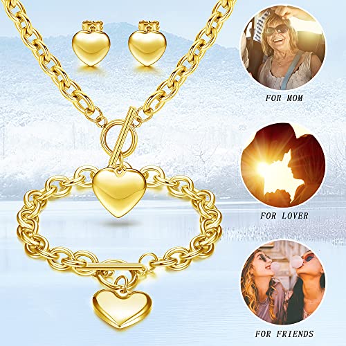 3Sets Heart Pendant Necklace Toggle Chain Heart Bracelet Heart Stud Earrings for Women