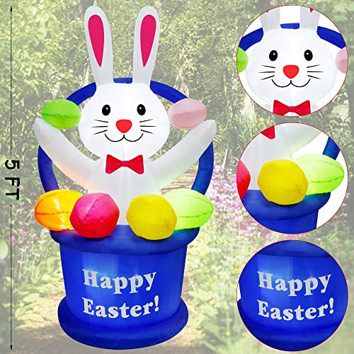 5ft Easter Inflatable Bunny in Egg Basket w/ LEDs for Home Decoration