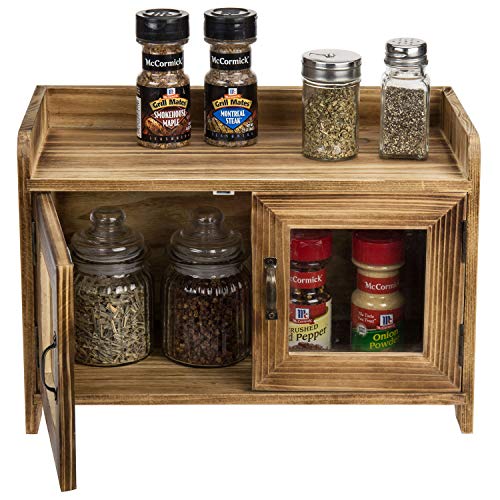 Rustic Dark Brown Wood Kitchen/Bathroom Counter Top Storage Cabinet w/ Glass Windows