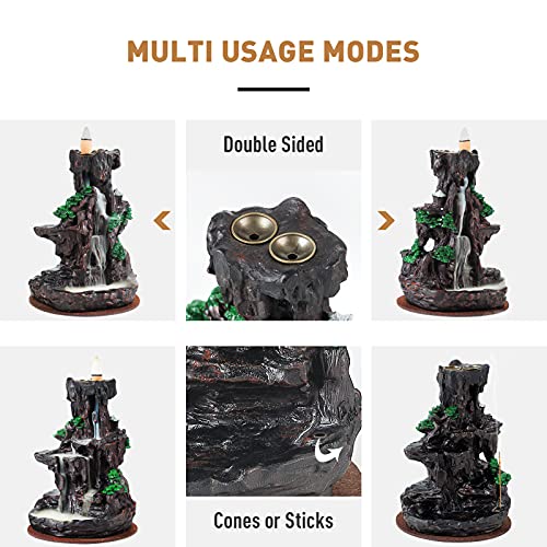 Dual Sided Mountain Waterfall Incense Burner w/ 120 Incense Cones+30 Incense Sticks