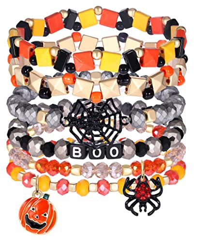 Halloween Beaded Bracelets Pumpkin Spider Ghost Charms Bracelets BOO Stretch Bracelets Holiday Set