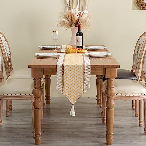 Table Runner, Boho Style with Tassels, Cotton & Linen, Farmhouse Home Decor for Living Room Dresser Scarfs