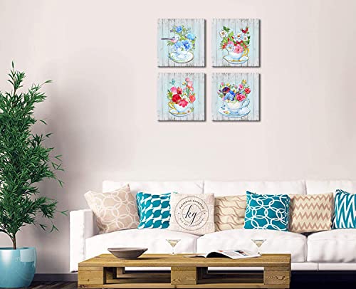 Blue Flower Canvas Wall Art Decor 12x12 - 4 Panels Ready to Hang