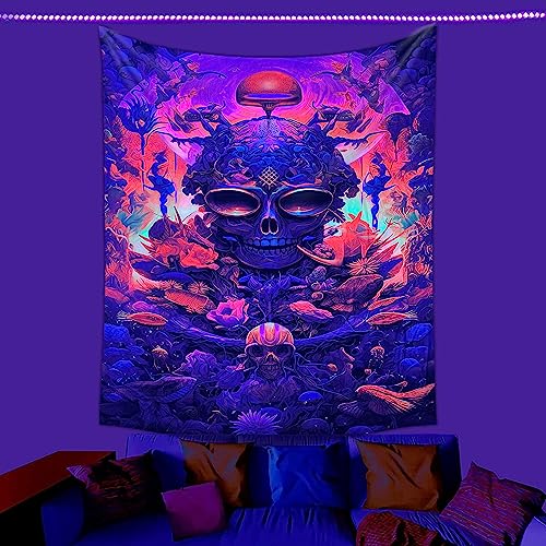 Blacklight Tapestry Sugar Skull  Halloween  UV Reactive Trippy Neon Tapestries Glow in the Dark Party Backdrop,