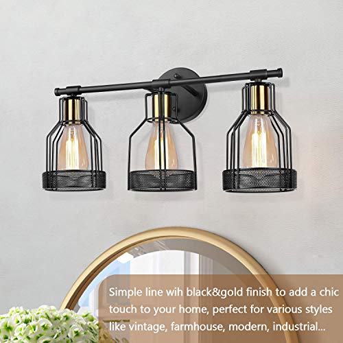 3-Light Farmhouse Bathroom Vanity Light Fixtures, Industrial Black & Gold E26 Socket